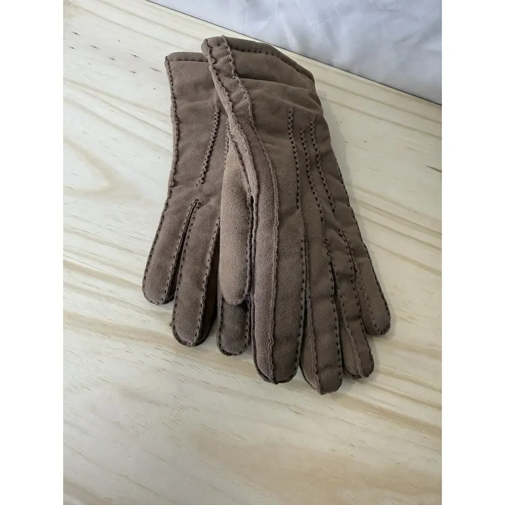 Gloves Women Medium Brown Goat Suede Leather Faux Shearling Lining Winter Warm
